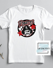 Load image into Gallery viewer, Pirate Circle Glitter Mascot Head Design ADULT Tee

