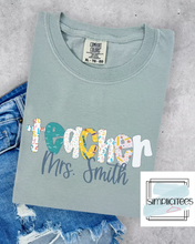 Load image into Gallery viewer, Schoolhouse Doodle Teacher Name Tee CUSTOMIZABLE
